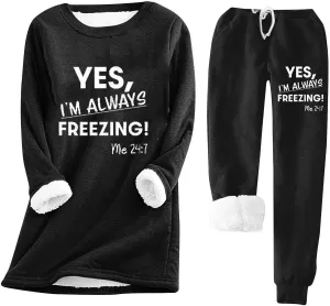 2 Piece Lounge Set Women Funny Letter Print Fleece Crewneck Sweatshirt Sherpa Lined Jogger Soft Warm Sweatpant 2024