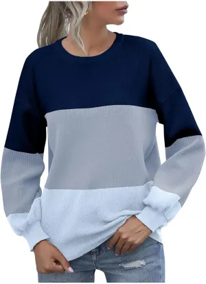 2024 Women's Long Sleeve Sweater Color Block Turtleneck Casual Loose Ribbed Knit Oversized Pullover Jumper Tops