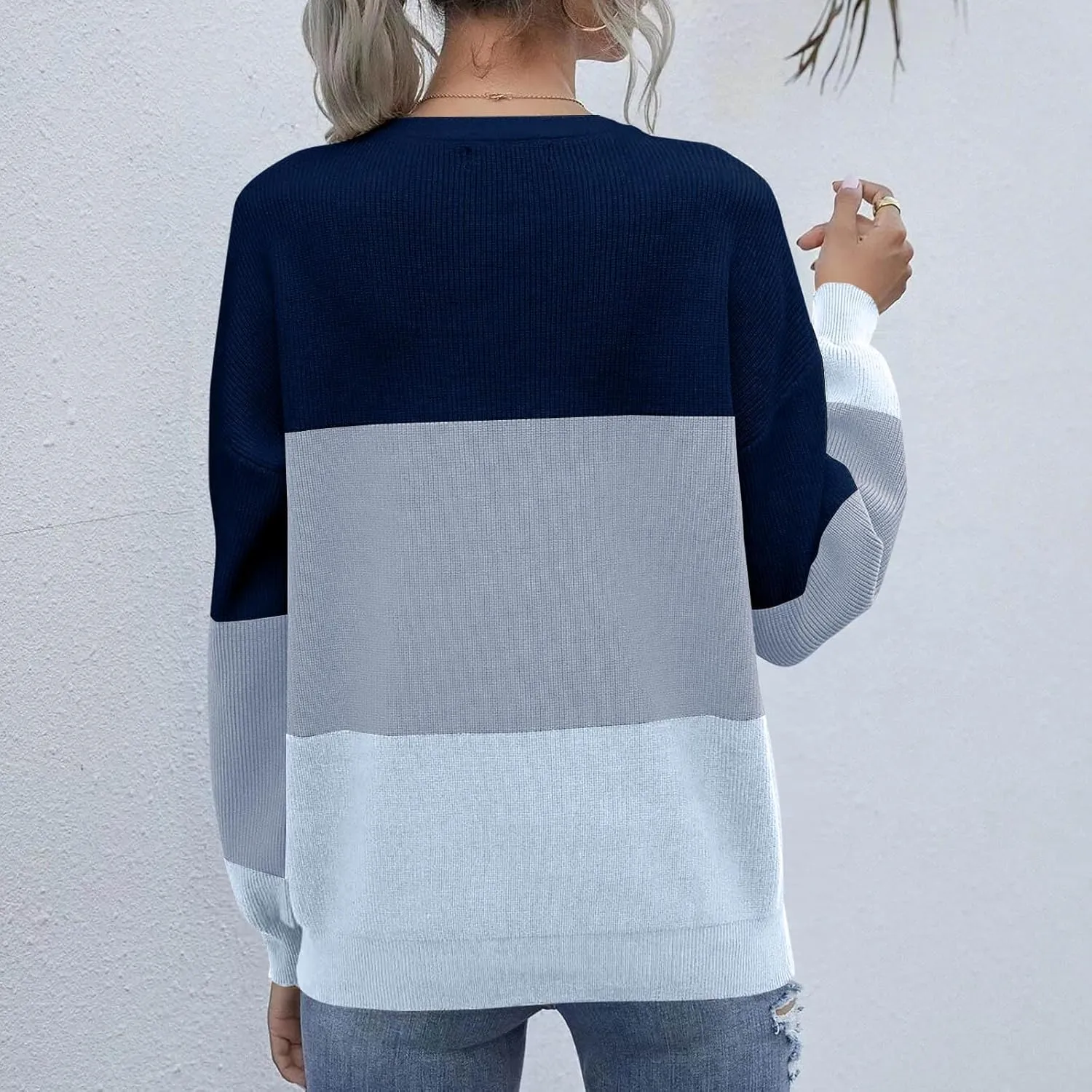 2024 Women's Long Sleeve Sweater Color Block Turtleneck Casual Loose Ribbed Knit Oversized Pullover Jumper Tops