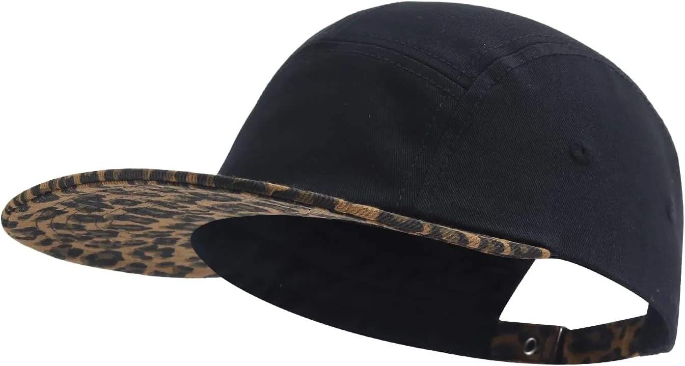 5 Panel Baseball Cap Leopard Print Flat Brim Hat Vintage Snapback Hats for Men Hip Hop Street Style Skateboard Hat