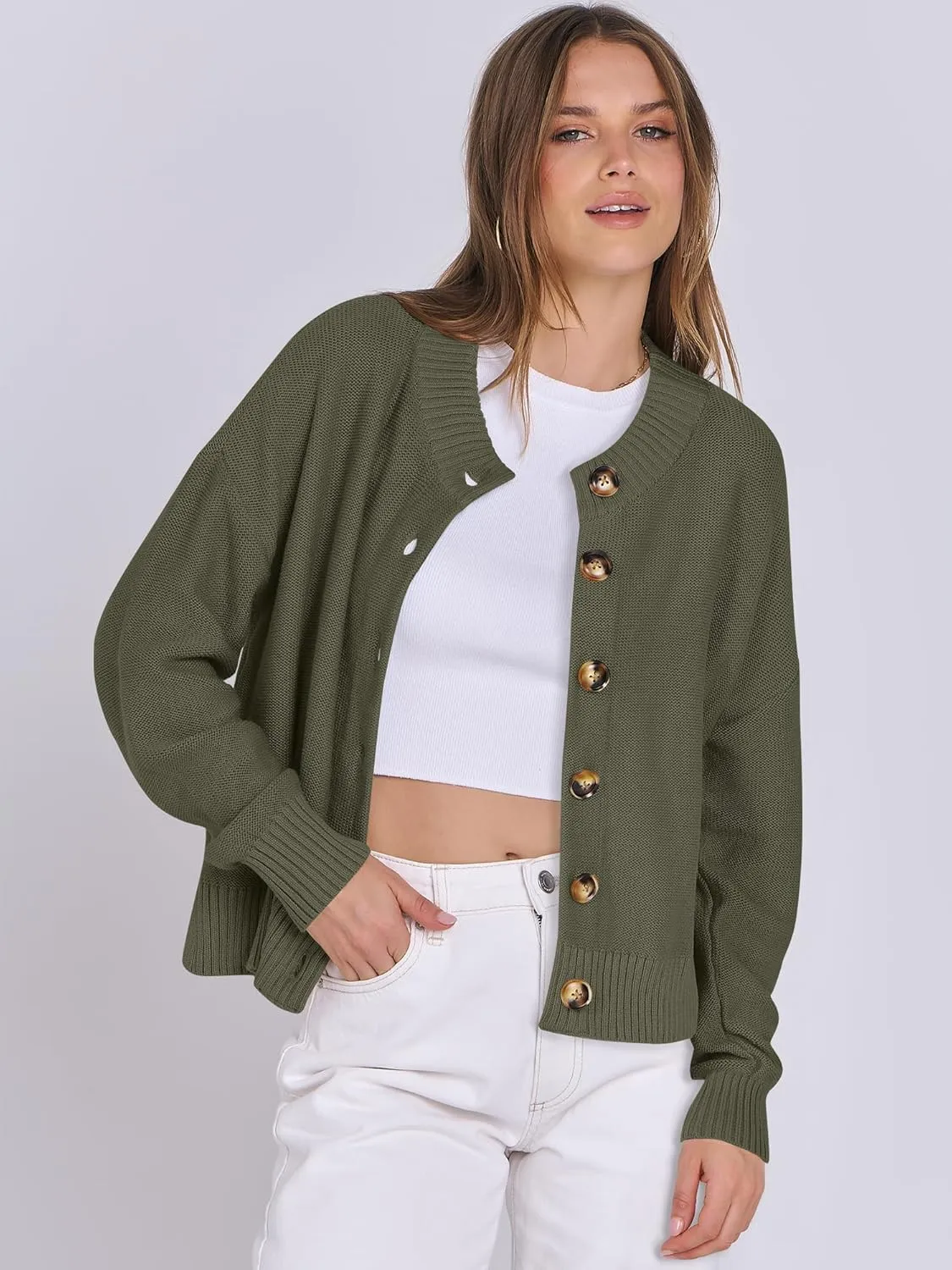 ANRABESS Women Knit Cardigans Sweater Open Front Button Down Long Sleeve Cropped Lady Jacket Outwear 2025 Spring Outfits