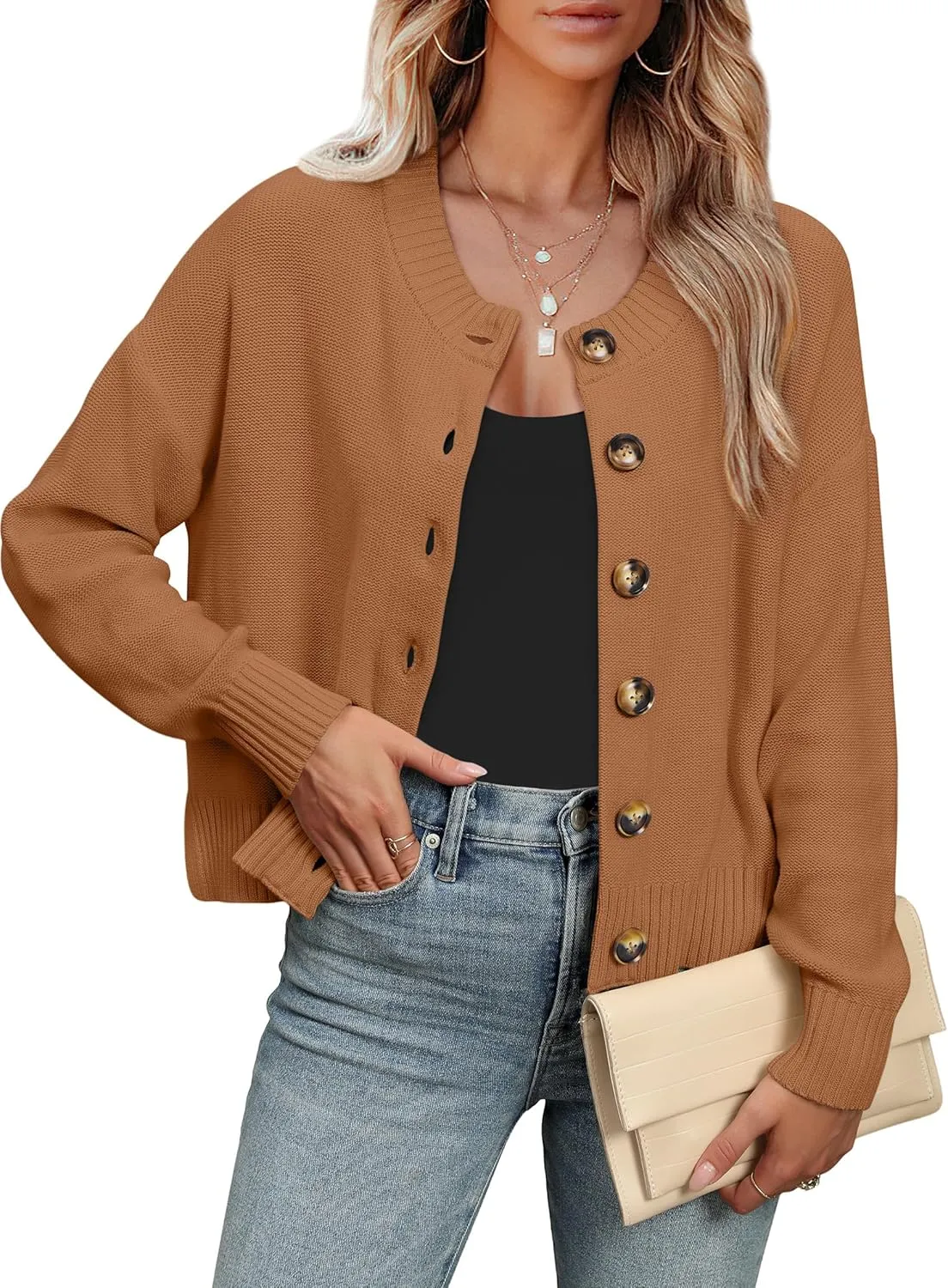 ANRABESS Women Knit Cardigans Sweater Open Front Button Down Long Sleeve Cropped Lady Jacket Outwear 2025 Spring Outfits