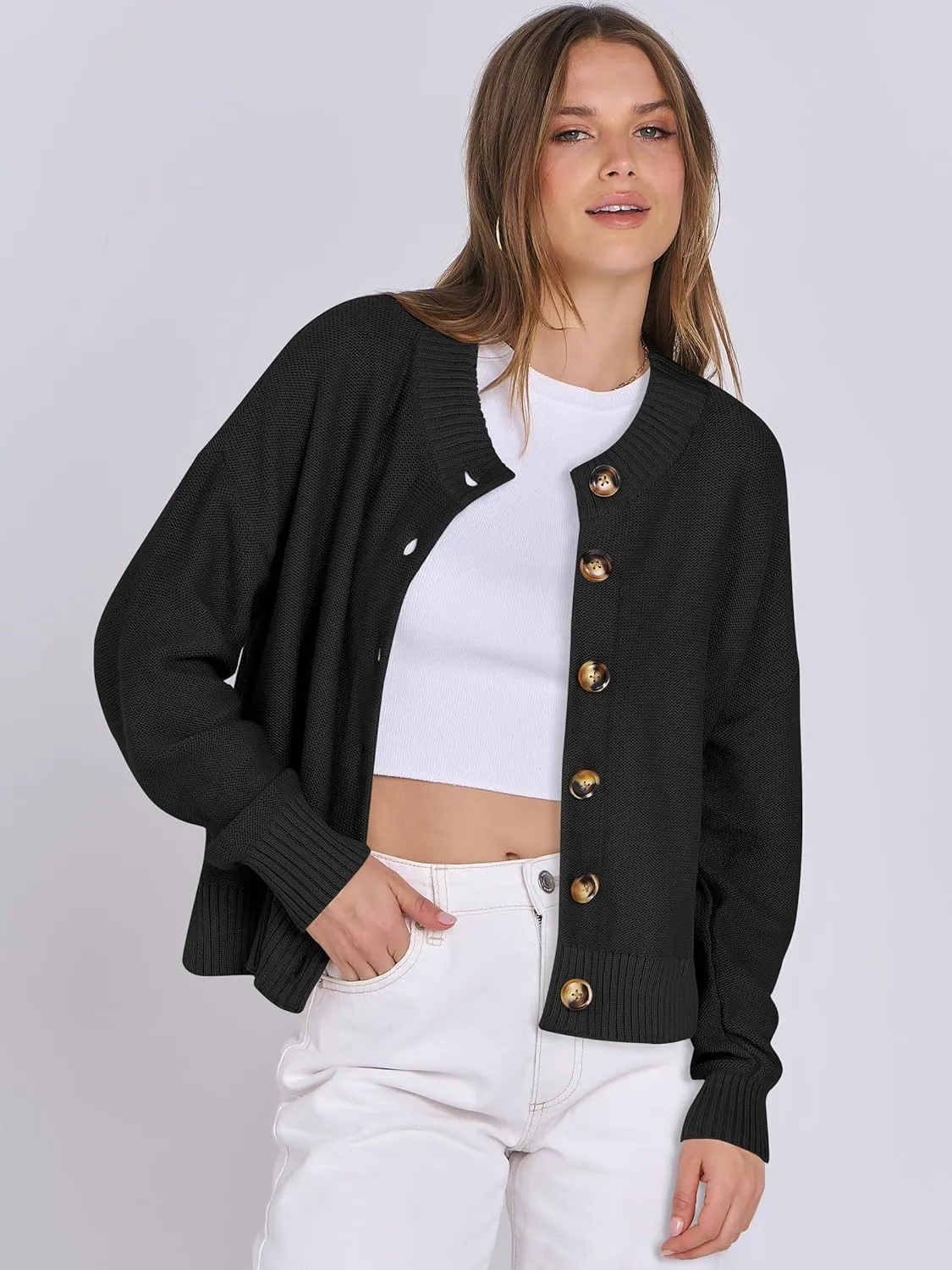 ANRABESS Women Knit Cardigans Sweater Open Front Button Down Long Sleeve Cropped Lady Jacket Outwear 2025 Spring Outfits