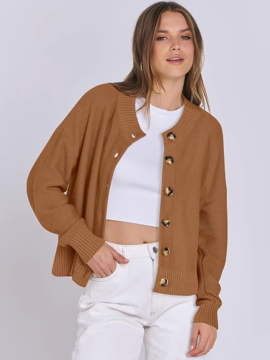 ANRABESS Women Knit Cardigans Sweater Open Front Button Down Long Sleeve Cropped Lady Jacket Outwear 2025 Spring Outfits