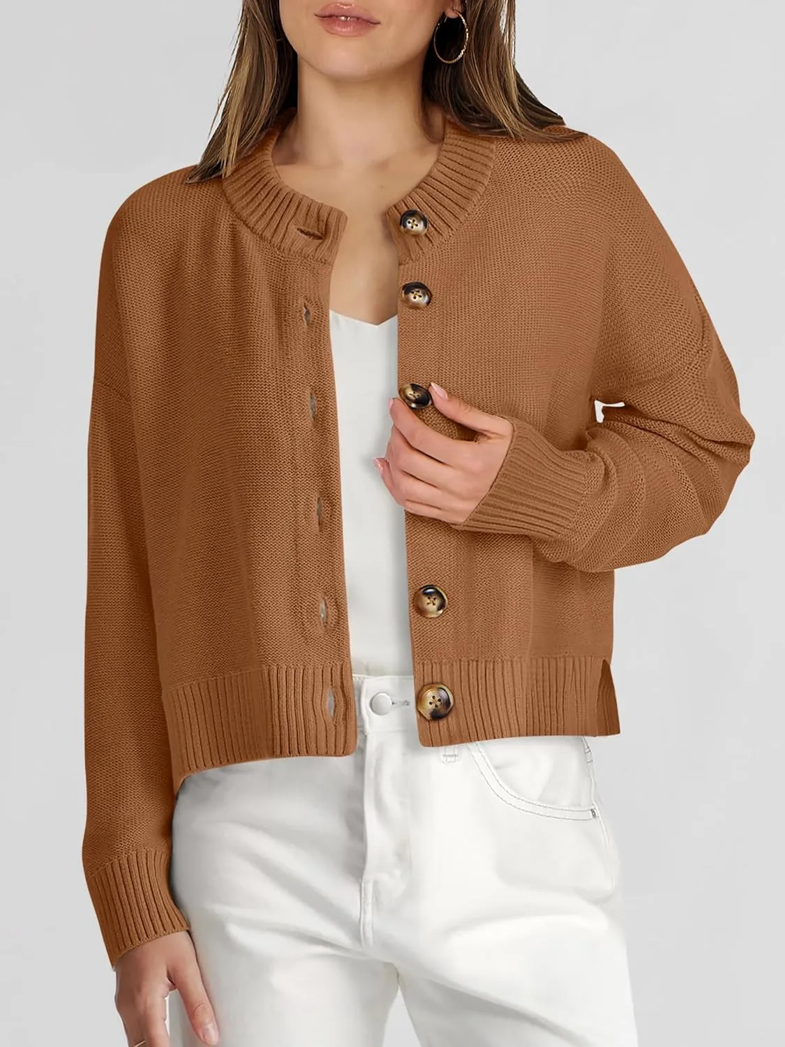 ANRABESS Women Knit Cardigans Sweater Open Front Button Down Long Sleeve Cropped Lady Jacket Outwear 2025 Spring Outfits
