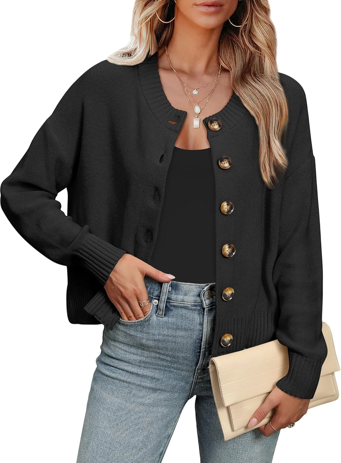ANRABESS Women Knit Cardigans Sweater Open Front Button Down Long Sleeve Cropped Lady Jacket Outwear 2025 Spring Outfits