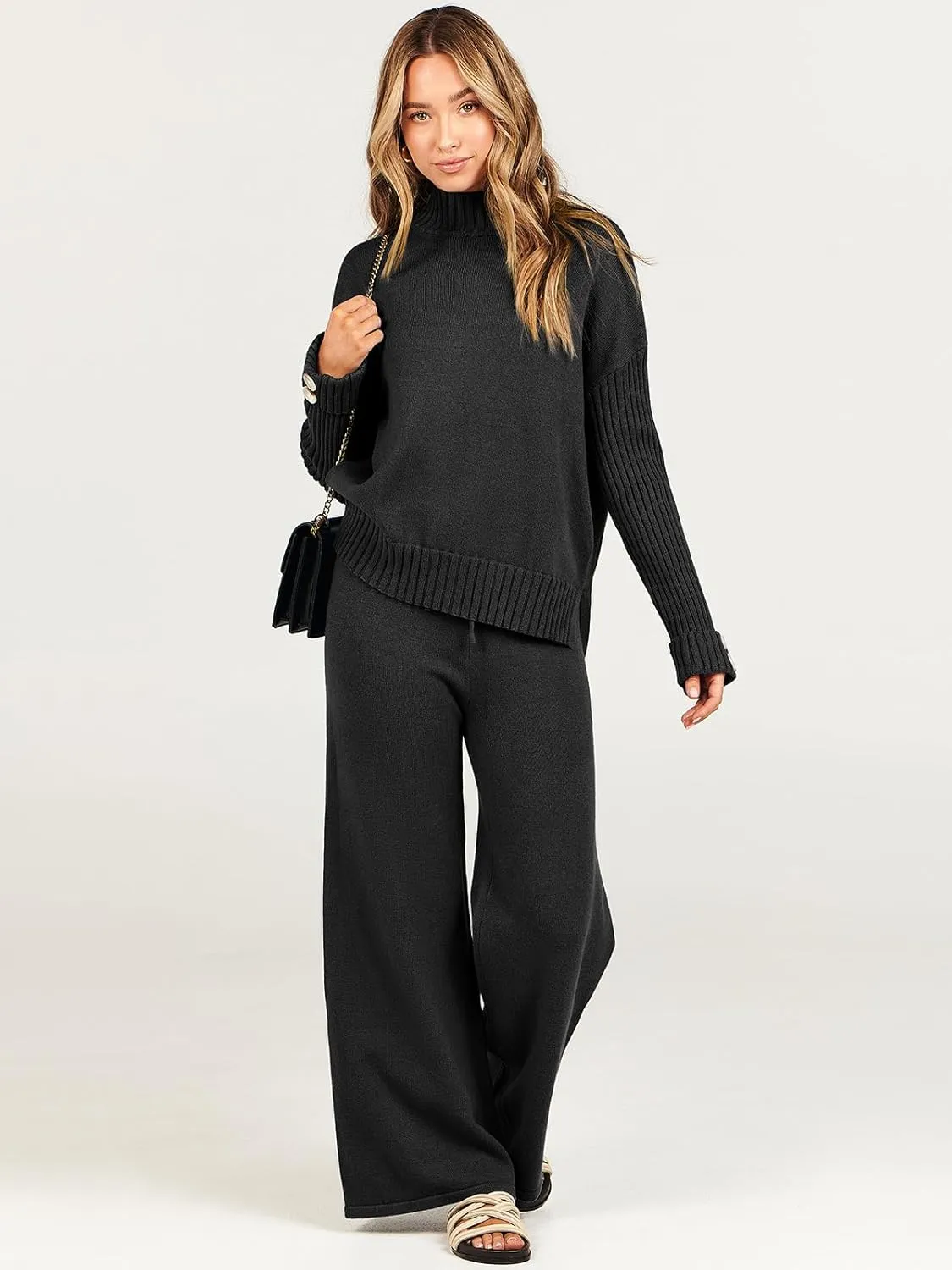 ANRABESS Women's 2 Piece Outfit Sweater Lounge Sets Long Sleeve Knit Pullover Wide Leg Pant Tracksuit Loungewear 2024 Fashion