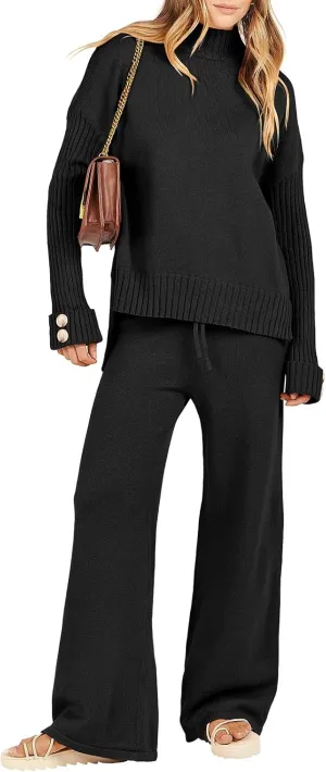 ANRABESS Women's 2 Piece Outfit Sweater Lounge Sets Long Sleeve Knit Pullover Wide Leg Pant Tracksuit Loungewear 2024 Fashion