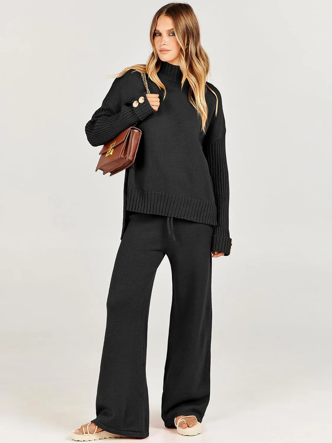 ANRABESS Women's 2 Piece Outfit Sweater Lounge Sets Long Sleeve Knit Pullover Wide Leg Pant Tracksuit Loungewear 2024 Fashion