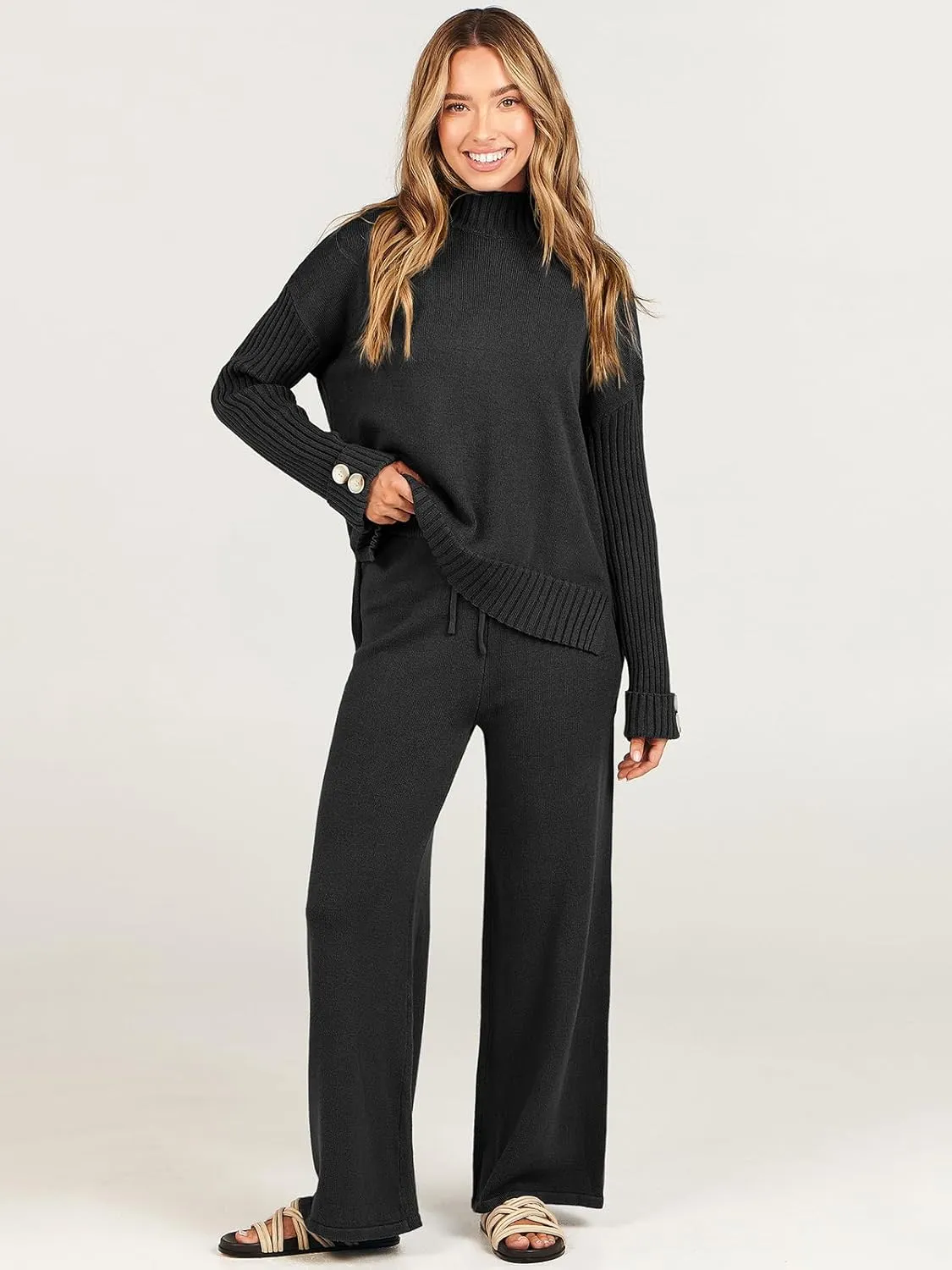 ANRABESS Women's 2 Piece Outfit Sweater Lounge Sets Long Sleeve Knit Pullover Wide Leg Pant Tracksuit Loungewear 2024 Fashion