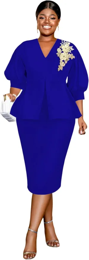 AOMEI Business Suit Sets for Women's 2 Piece Outfits V Neck Peplum Tops Floral Applique Formal Pencil Midi Skirt Suit…