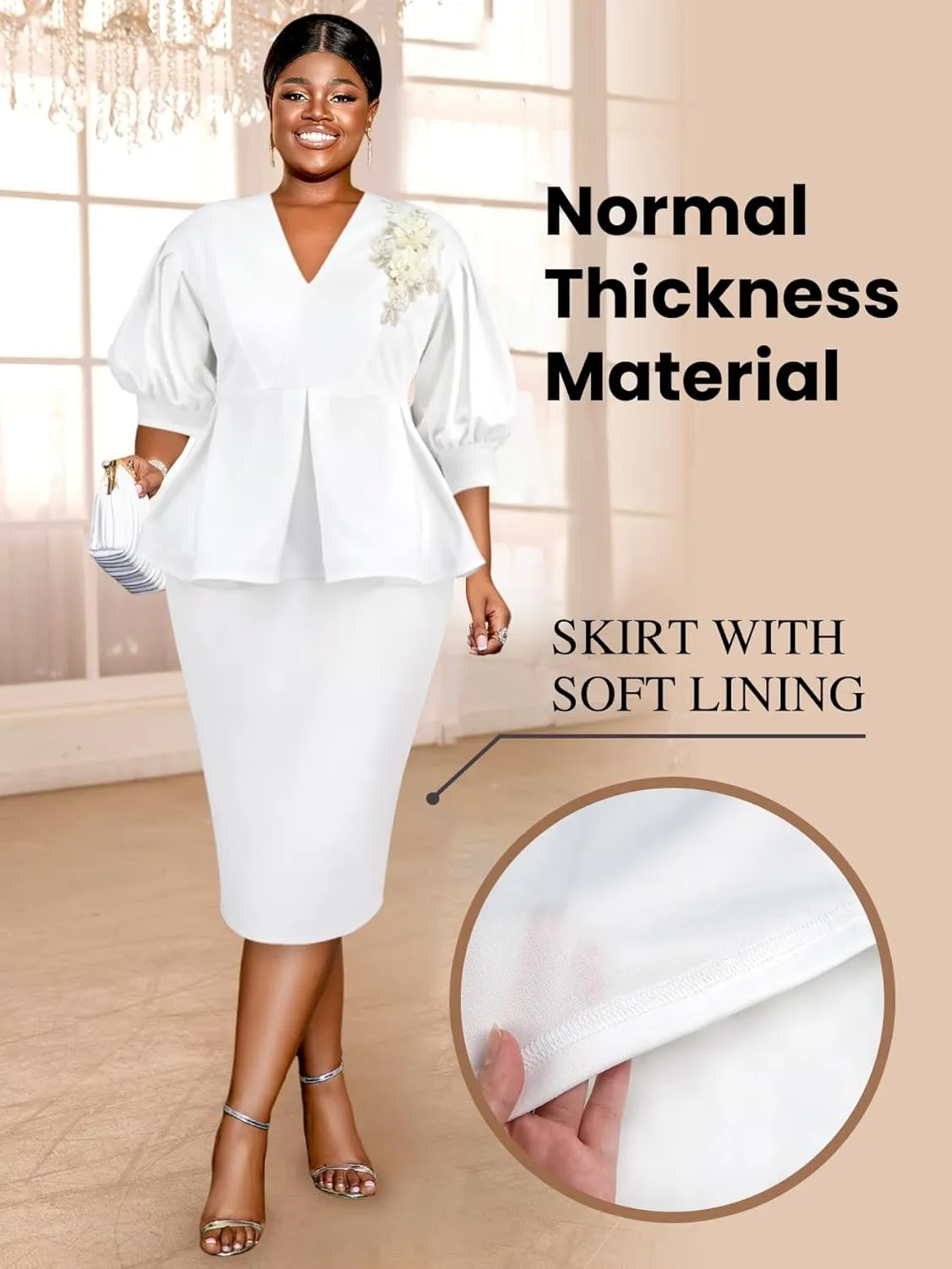 AOMEI Business Suit Sets for Women's 2 Piece Outfits V Neck Peplum Tops Floral Applique Formal Pencil Midi Skirt Suit…