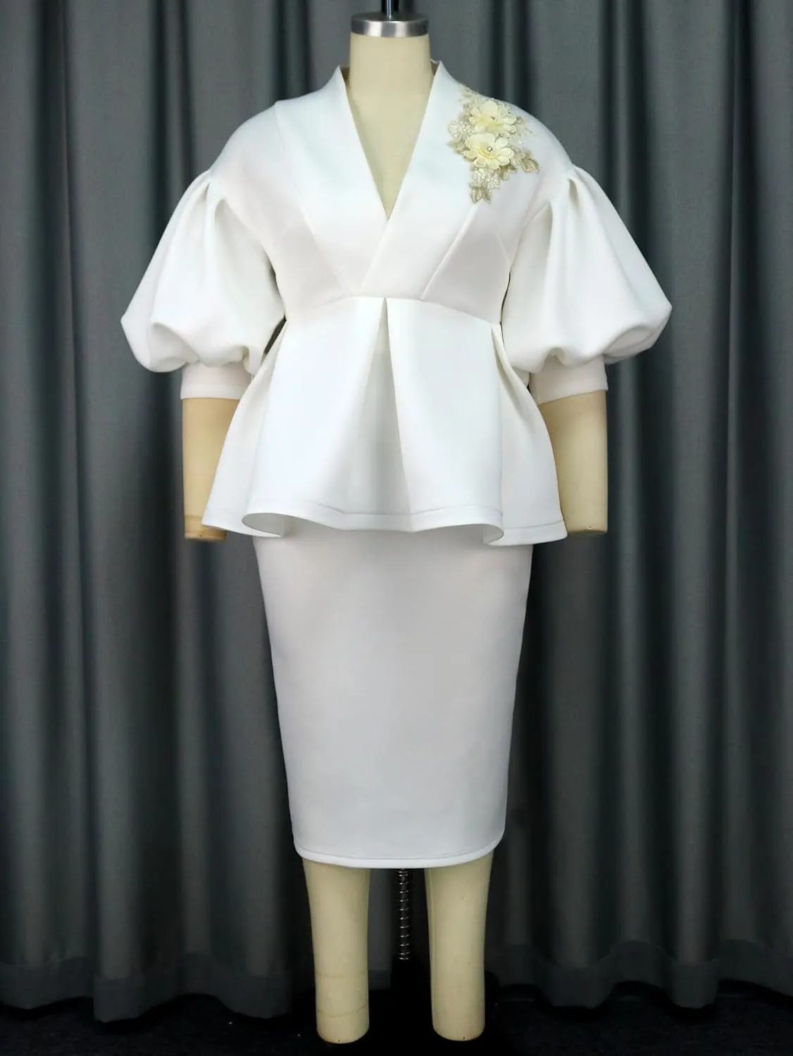 AOMEI Business Suit Sets for Women's 2 Piece Outfits V Neck Peplum Tops Floral Applique Formal Pencil Midi Skirt Suit…