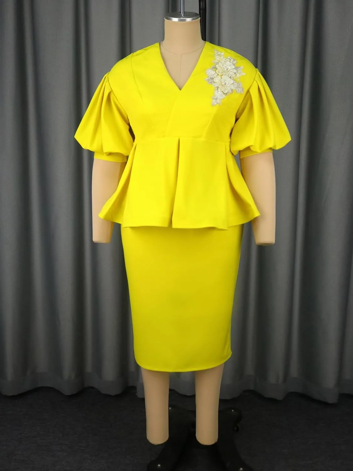 AOMEI Business Suit Sets for Women's 2 Piece Outfits V Neck Peplum Tops Floral Applique Formal Pencil Midi Skirt Suit…