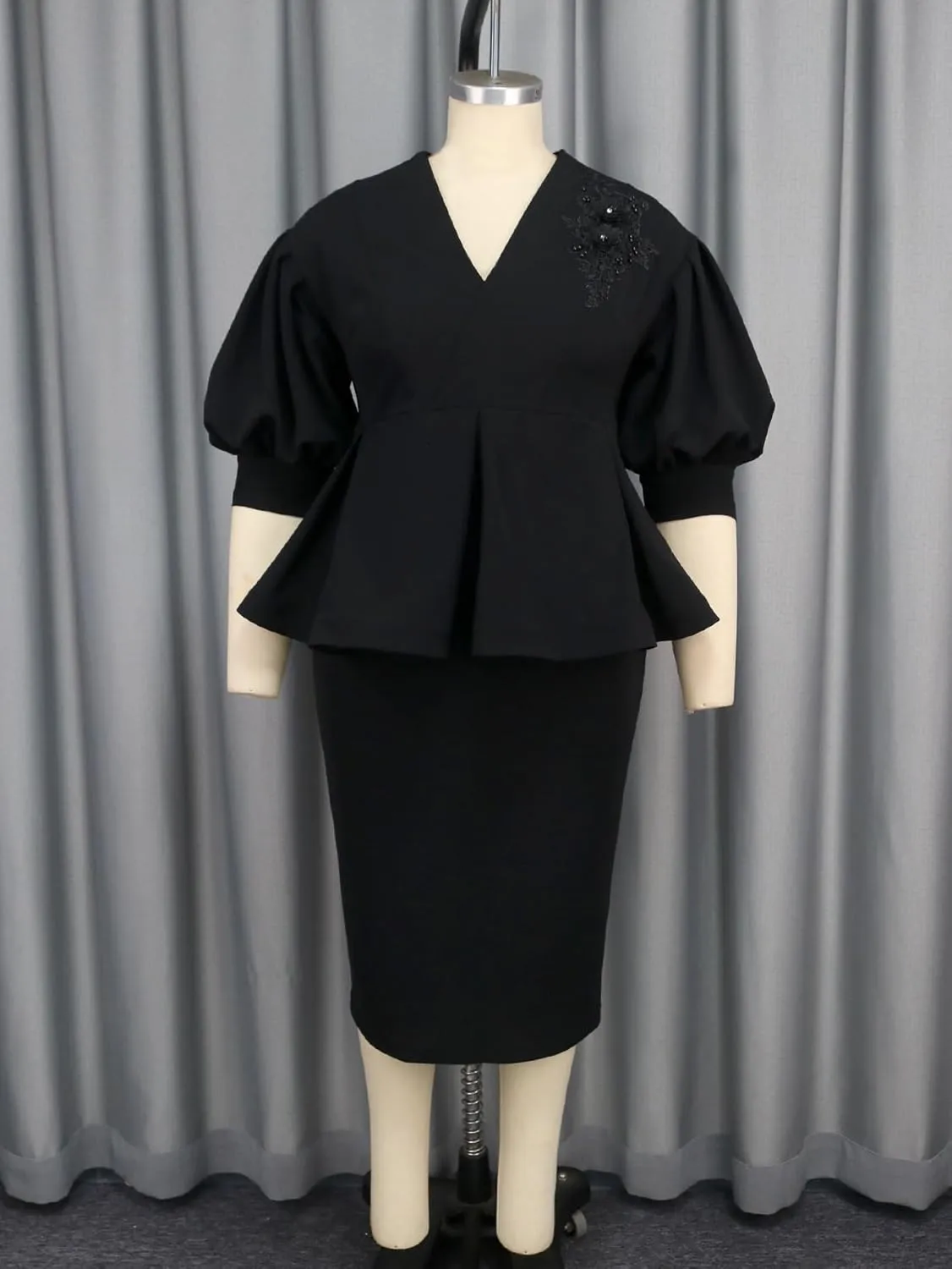 AOMEI Business Suit Sets for Women's 2 Piece Outfits V Neck Peplum Tops Floral Applique Formal Pencil Midi Skirt Suit…