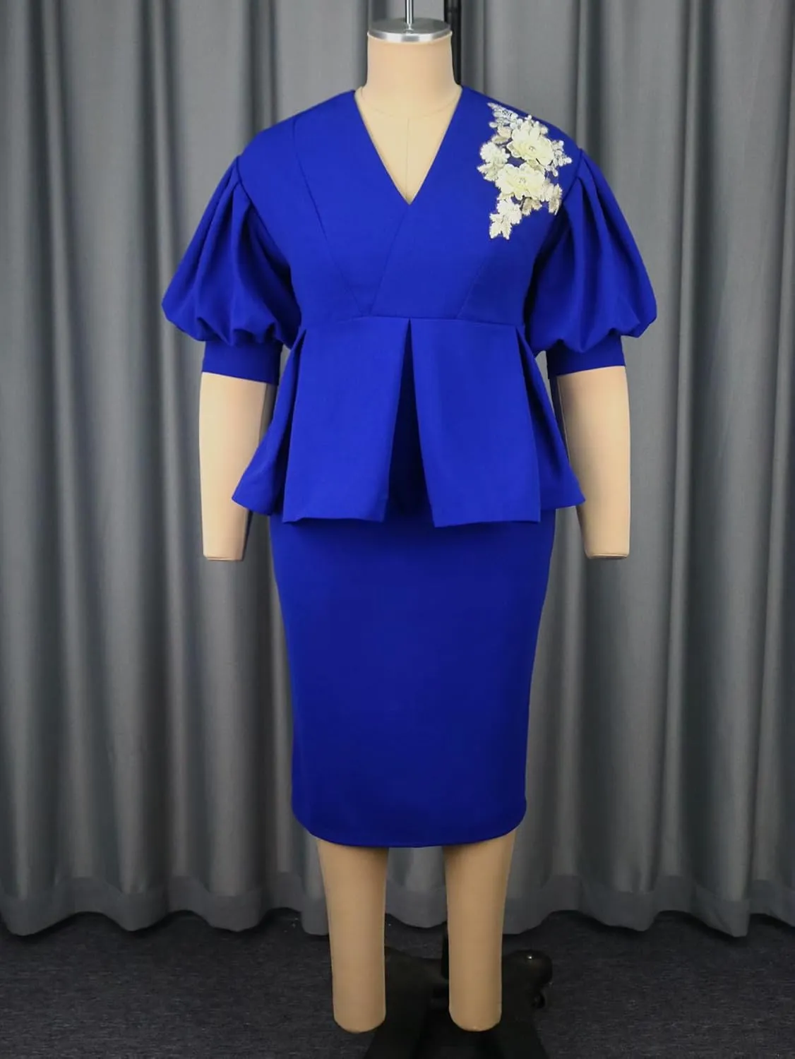 AOMEI Business Suit Sets for Women's 2 Piece Outfits V Neck Peplum Tops Floral Applique Formal Pencil Midi Skirt Suit…