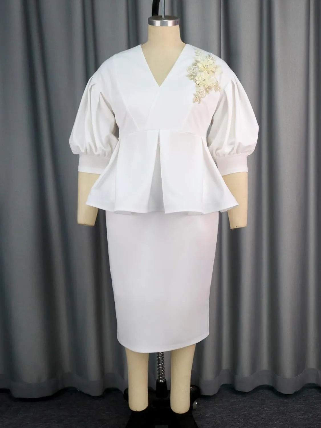 AOMEI Business Suit Sets for Women's 2 Piece Outfits V Neck Peplum Tops Floral Applique Formal Pencil Midi Skirt Suit…