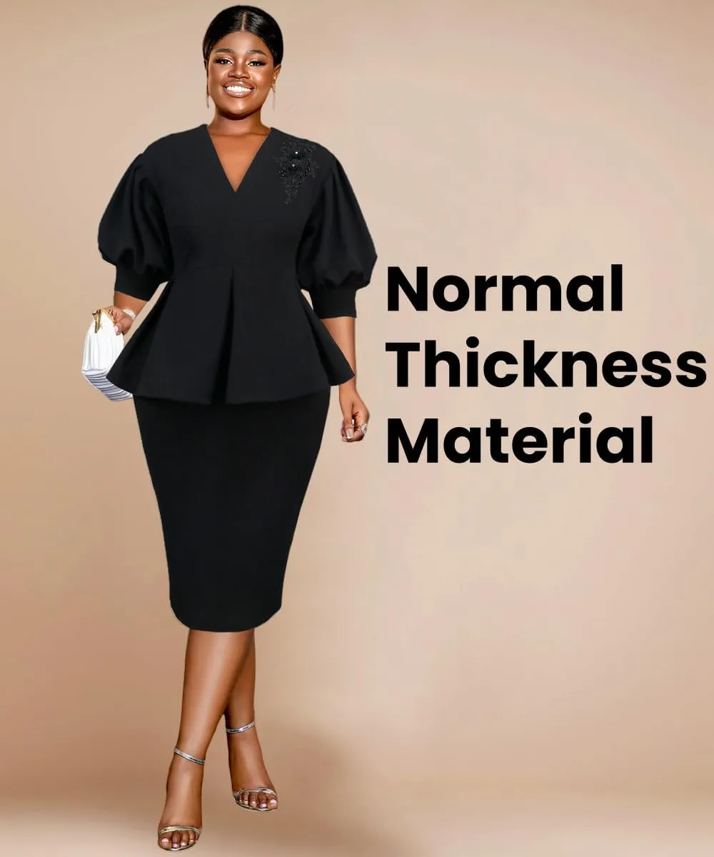AOMEI Business Suit Sets for Women's 2 Piece Outfits V Neck Peplum Tops Floral Applique Formal Pencil Midi Skirt Suit…