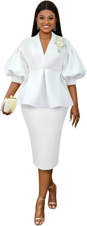AOMEI Business Suit Sets for Women's 2 Piece Outfits V Neck Peplum Tops Floral Applique Formal Pencil Midi Skirt Suit…