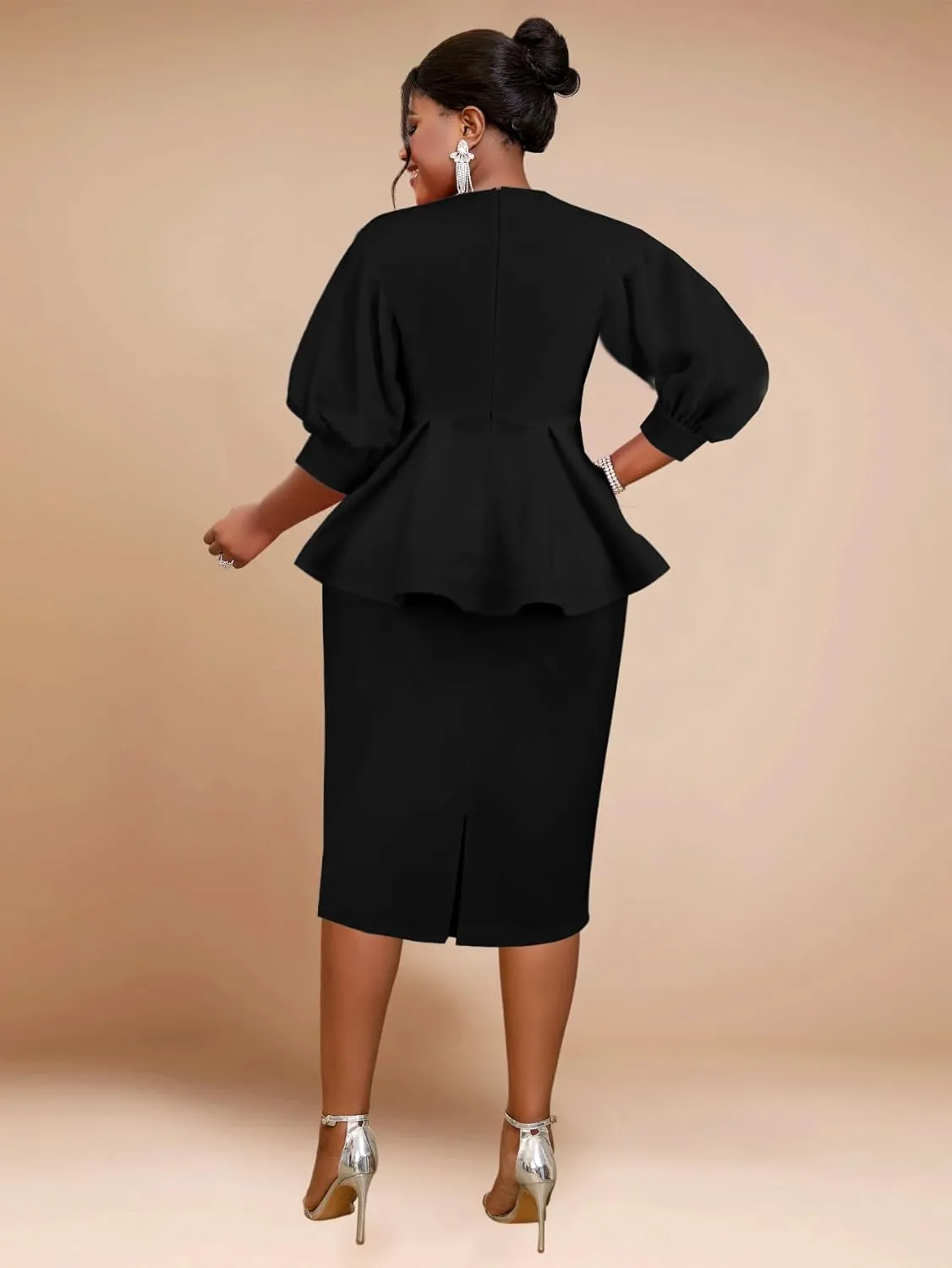 AOMEI Business Suit Sets for Women's 2 Piece Outfits V Neck Peplum Tops Floral Applique Formal Pencil Midi Skirt Suit…