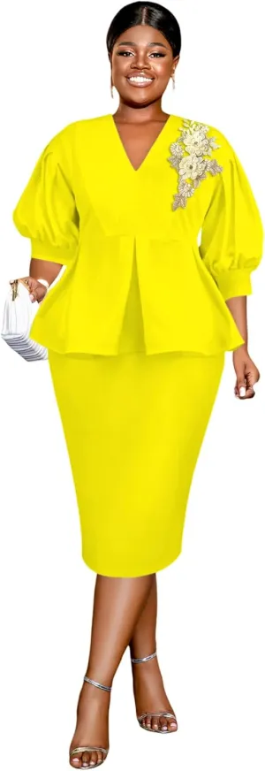 AOMEI Business Suit Sets for Women's 2 Piece Outfits V Neck Peplum Tops Floral Applique Formal Pencil Midi Skirt Suit…