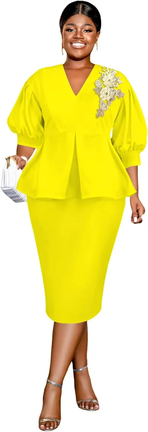 AOMEI Business Suit Sets for Women's 2 Piece Outfits V Neck Peplum Tops Floral Applique Formal Pencil Midi Skirt Suit…