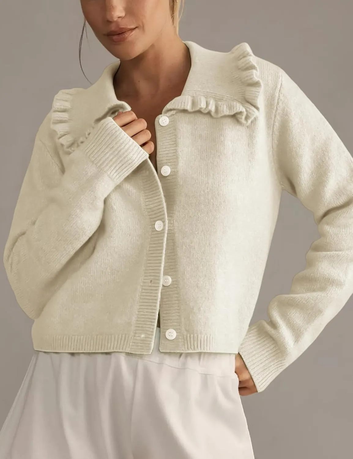 Arssm Womens Ruffle Collar Cardigan Cropped Button Down Open Front Sweaters Knitted Long Sleeve Fall 2025 Elegant Outwear