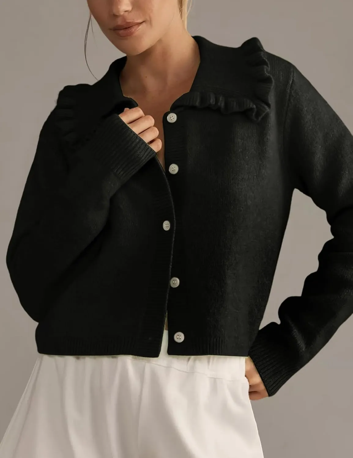 Arssm Womens Ruffle Collar Cardigan Cropped Button Down Open Front Sweaters Knitted Long Sleeve Fall 2025 Elegant Outwear