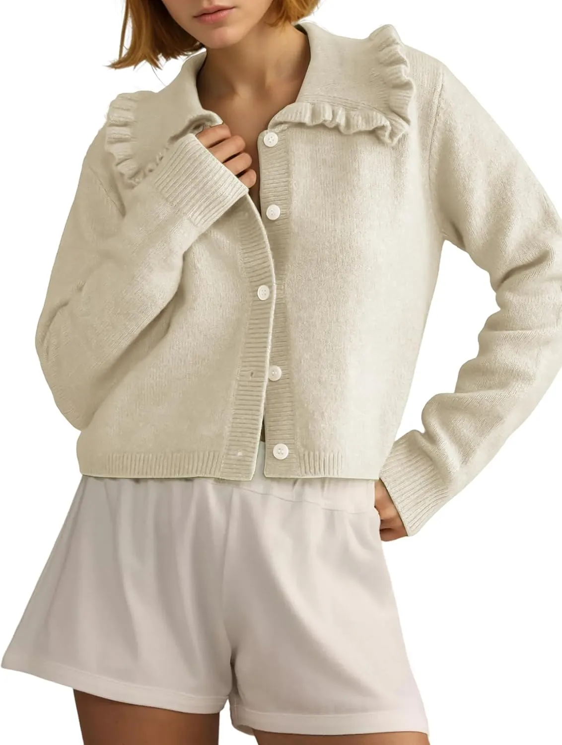 Arssm Womens Ruffle Collar Cardigan Cropped Button Down Open Front Sweaters Knitted Long Sleeve Fall 2025 Elegant Outwear