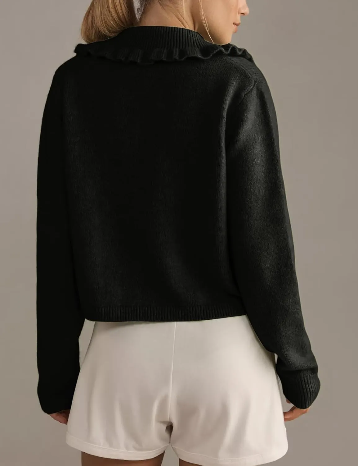 Arssm Womens Ruffle Collar Cardigan Cropped Button Down Open Front Sweaters Knitted Long Sleeve Fall 2025 Elegant Outwear