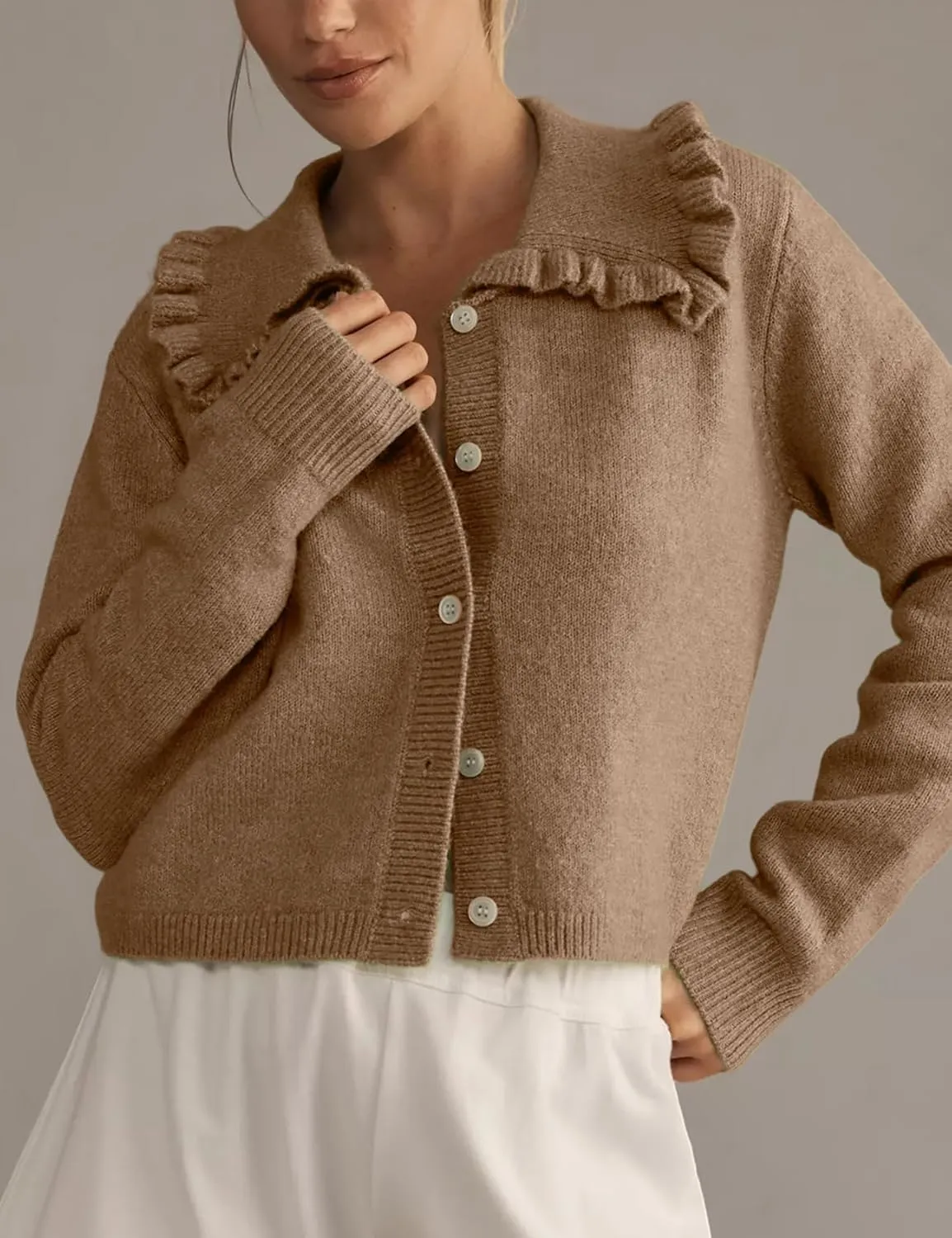 Arssm Womens Ruffle Collar Cardigan Cropped Button Down Open Front Sweaters Knitted Long Sleeve Fall 2025 Elegant Outwear