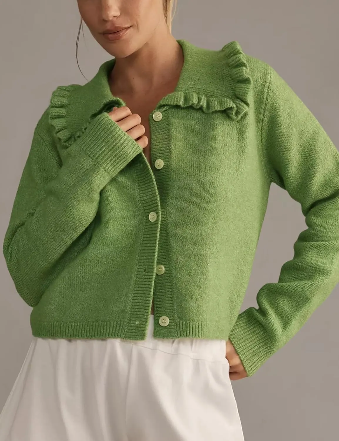Arssm Womens Ruffle Collar Cardigan Cropped Button Down Open Front Sweaters Knitted Long Sleeve Fall 2025 Elegant Outwear