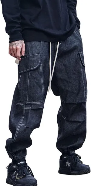 Astellarie Mens Baggy Cargo Joggers Casual Drawstring Loose Fit Hip-hop Sweatpants with Multi-Pocket