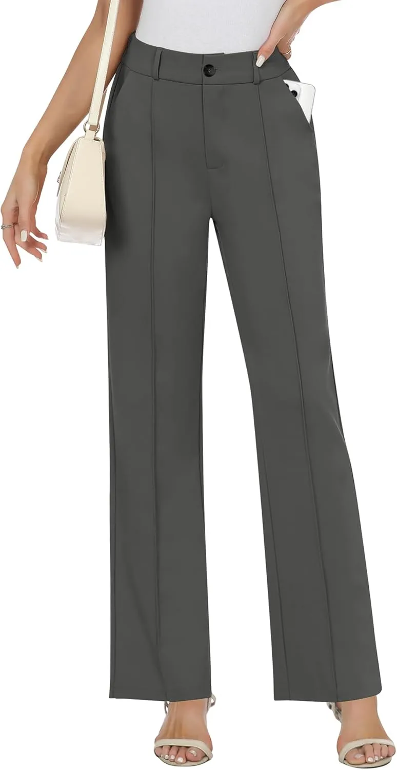AVAMO Womens Stretchy Work Pants Business Casual Pants Slacks with Pockets High Waisted Straight Leg Office Trousers Grey S