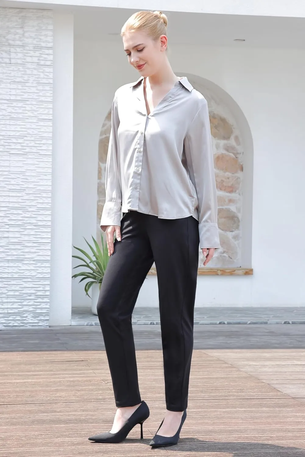 Bamans Womens 27"/29" Dress Pants Work Office Slacks Business Casual Stretch Skinny Leg with Pockets