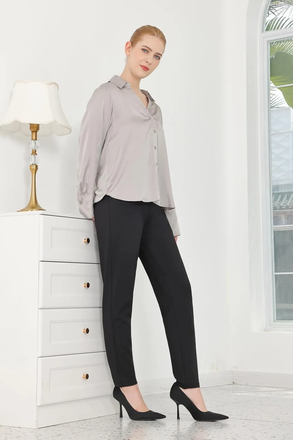 Bamans Womens 27"/29" Dress Pants Work Office Slacks Business Casual Stretch Skinny Leg with Pockets