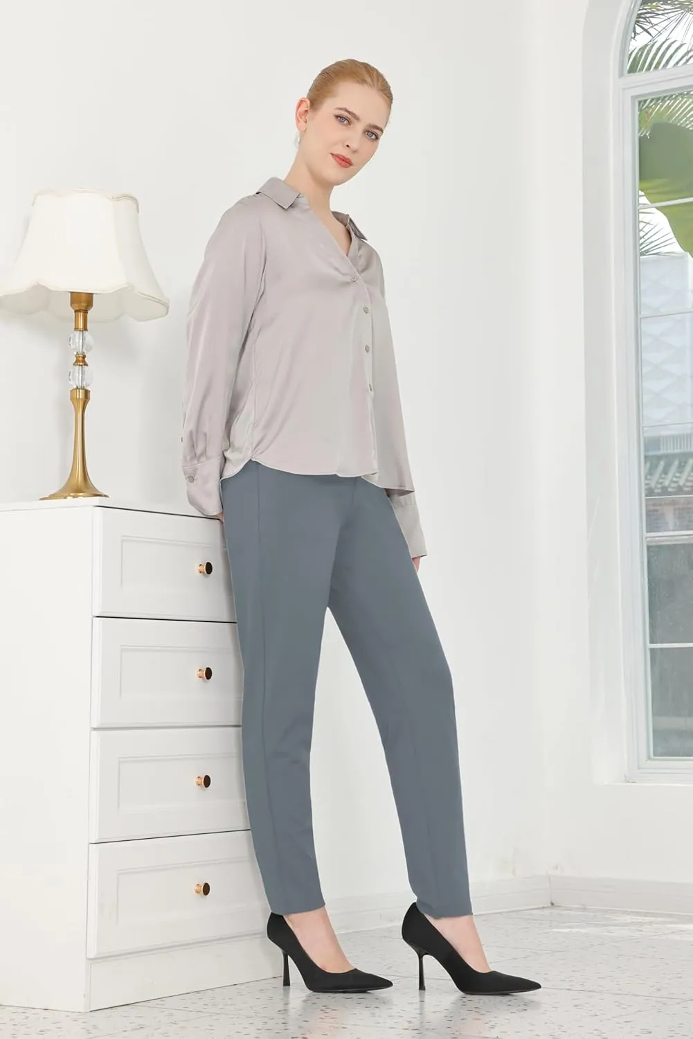 Bamans Womens 27"/29" Dress Pants Work Office Slacks Business Casual Stretch Skinny Leg with Pockets