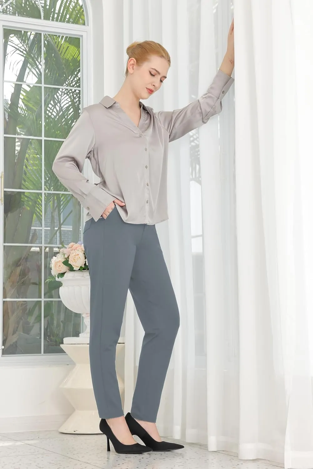 Bamans Womens 27"/29" Dress Pants Work Office Slacks Business Casual Stretch Skinny Leg with Pockets