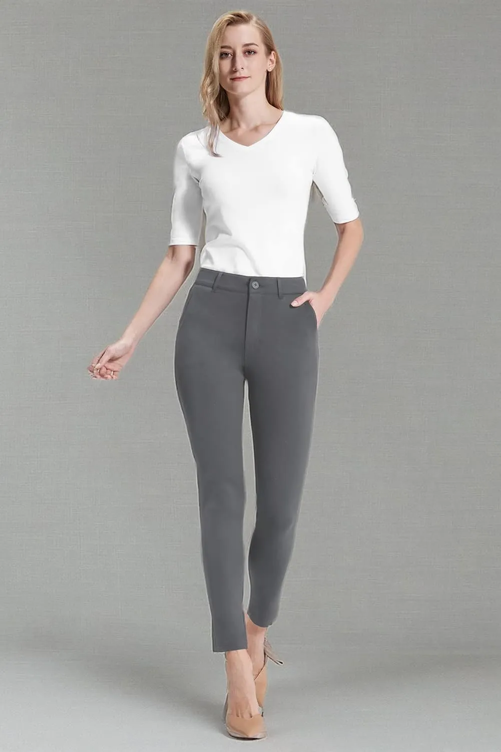 Bamans Womens 27"/29" Dress Pants Work Office Slacks Business Casual Stretch Skinny Leg with Pockets