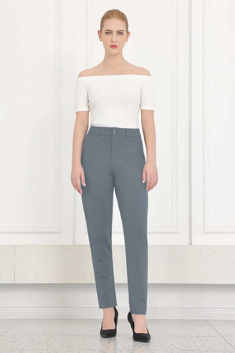 Bamans Womens 27"/29" Dress Pants Work Office Slacks Business Casual Stretch Skinny Leg with Pockets