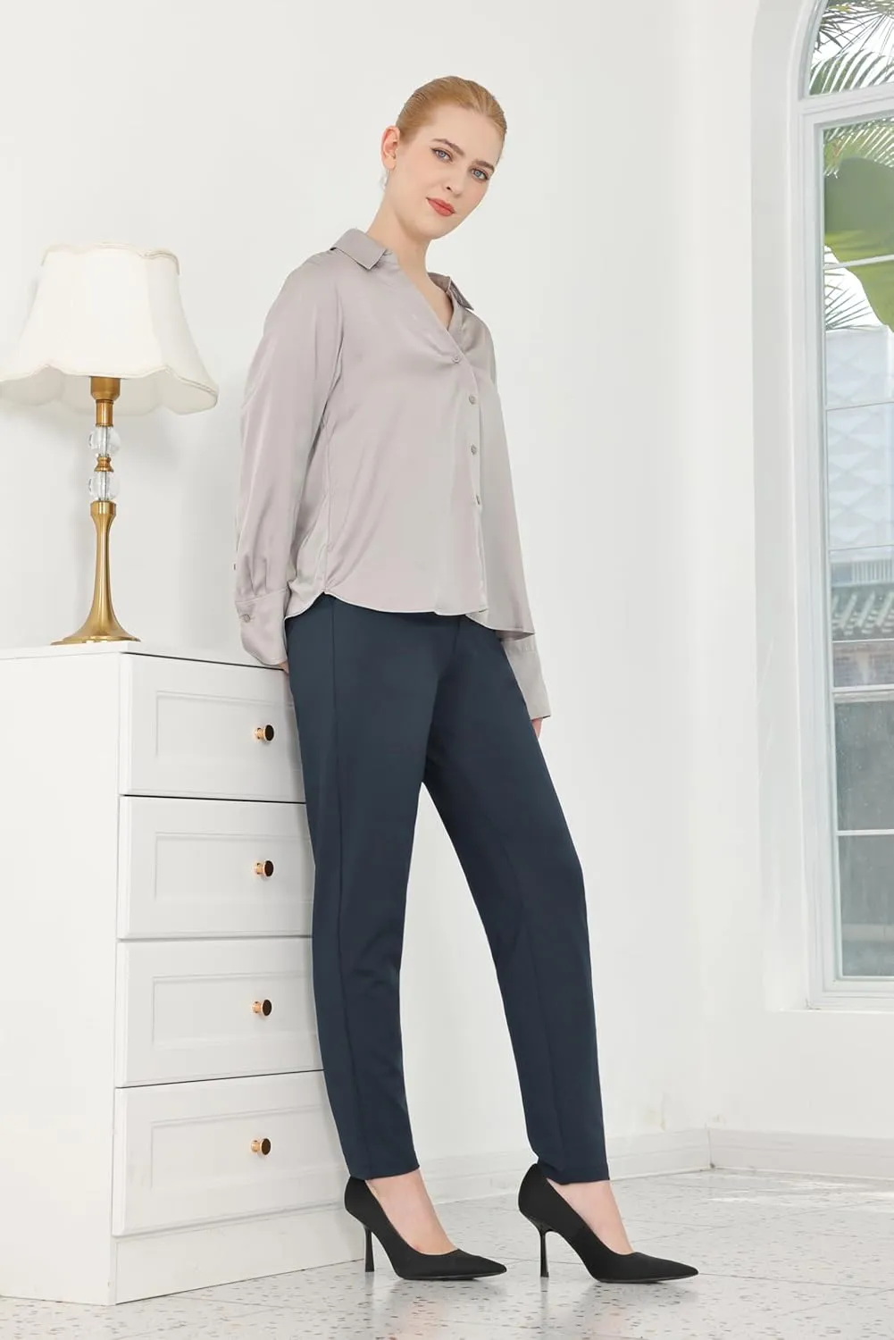 Bamans Womens 27"/29" Dress Pants Work Office Slacks Business Casual Stretch Skinny Leg with Pockets