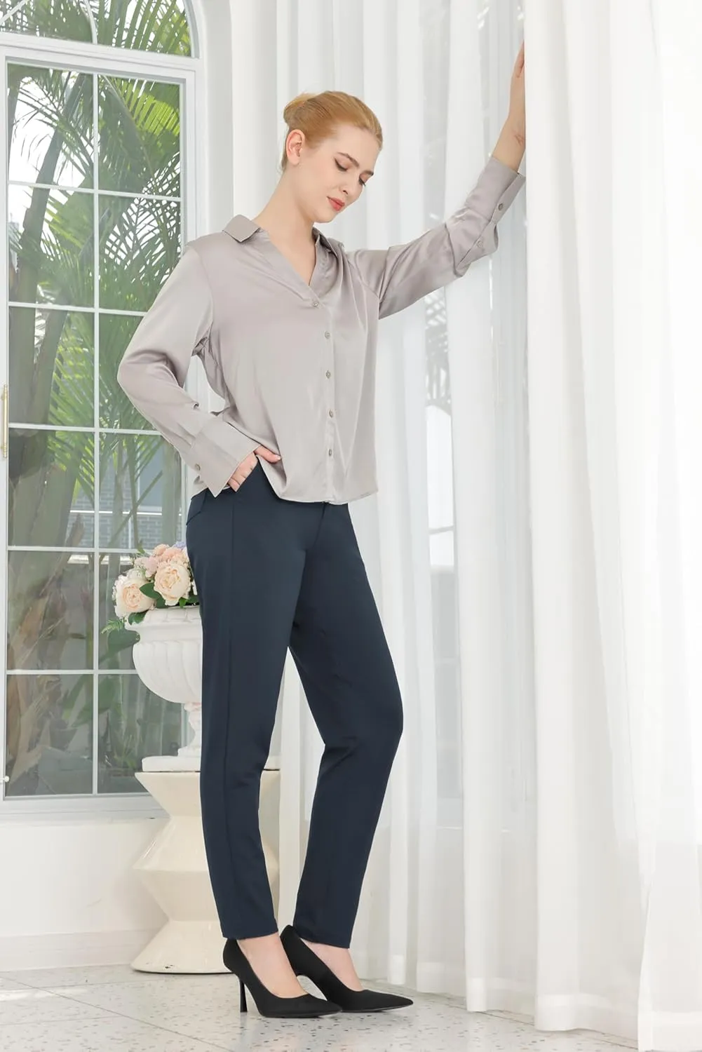 Bamans Womens 27"/29" Dress Pants Work Office Slacks Business Casual Stretch Skinny Leg with Pockets