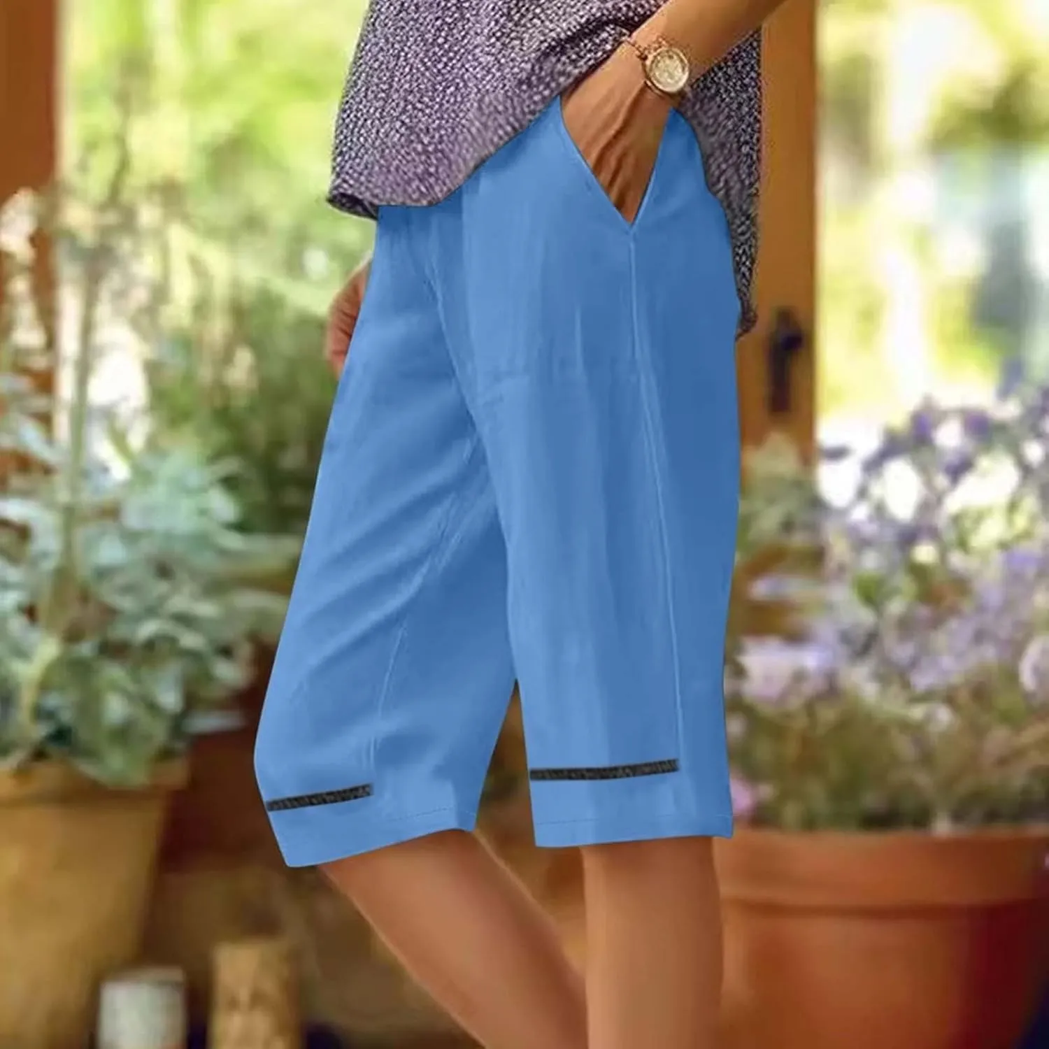 Bermuda Drawstring Beach Shorts Wide Leg Linen Shorts Elastic High Waisted Pleated Casual Loose Bermuda Shorts, Large
