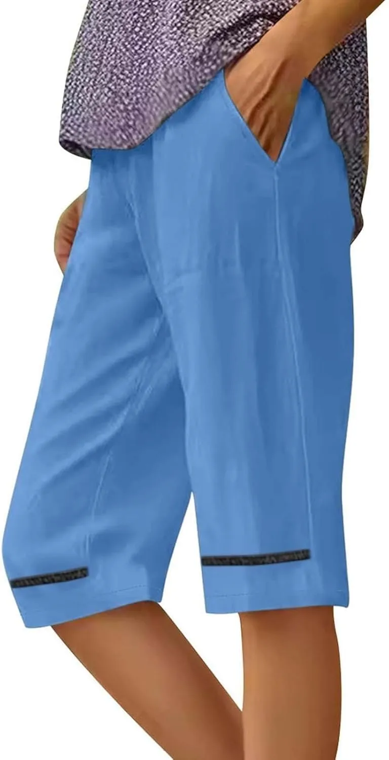 Bermuda Drawstring Beach Shorts Wide Leg Linen Shorts Elastic High Waisted Pleated Casual Loose Bermuda Shorts, Large