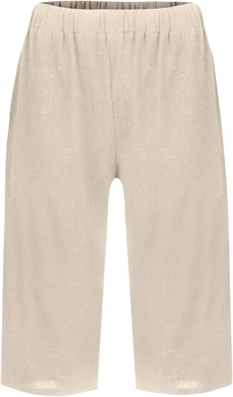 Bermuda Drawstring Beach Shorts Wide Leg Linen Shorts Elastic High Waisted Pleated Casual Loose Bermuda Shorts, Large