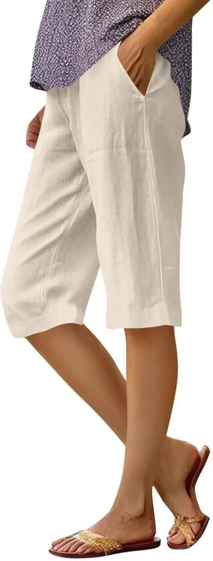 Bermuda Drawstring Beach Shorts Wide Leg Linen Shorts Elastic High Waisted Pleated Casual Loose Bermuda Shorts, Large