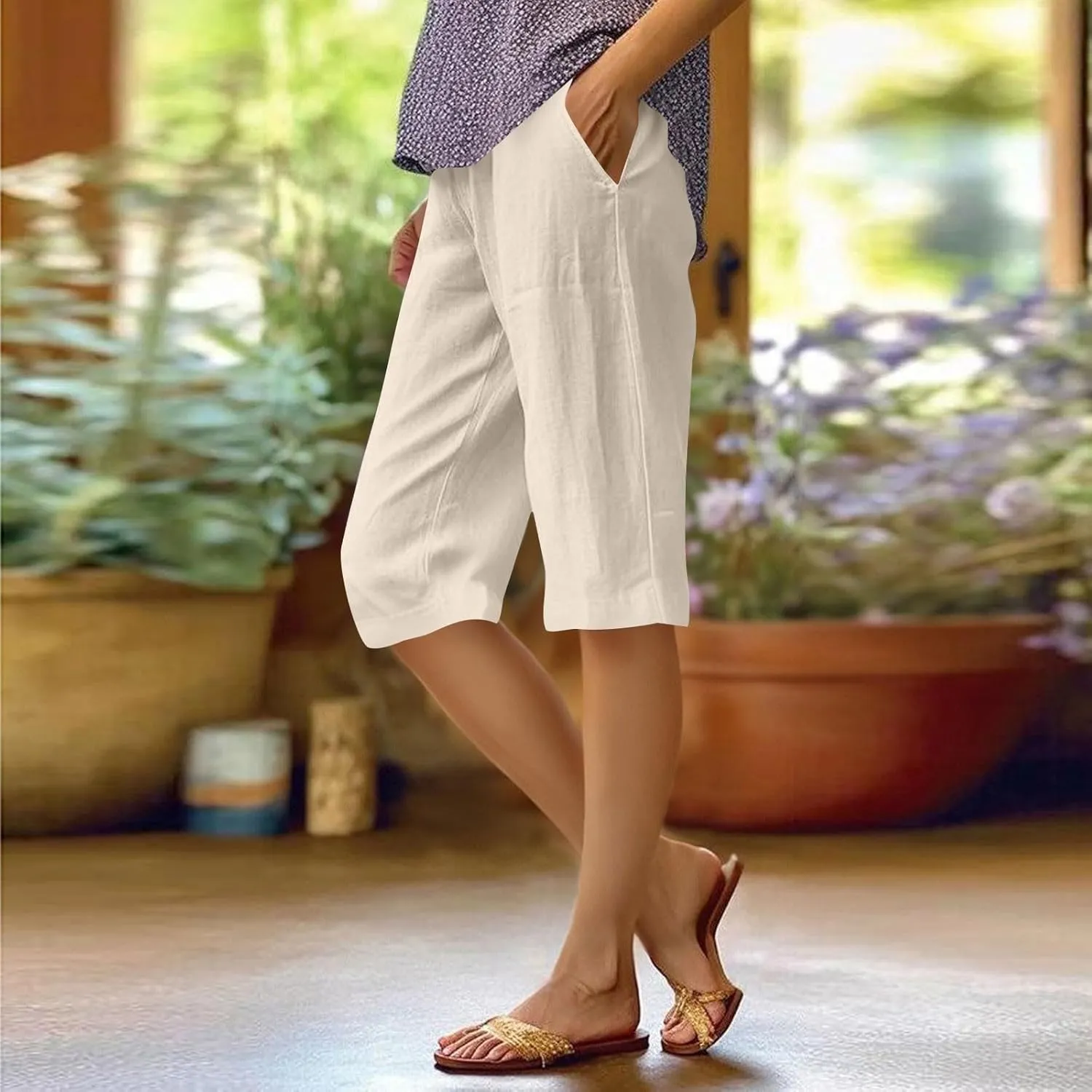 Bermuda Drawstring Beach Shorts Wide Leg Linen Shorts Elastic High Waisted Pleated Casual Loose Bermuda Shorts, Large