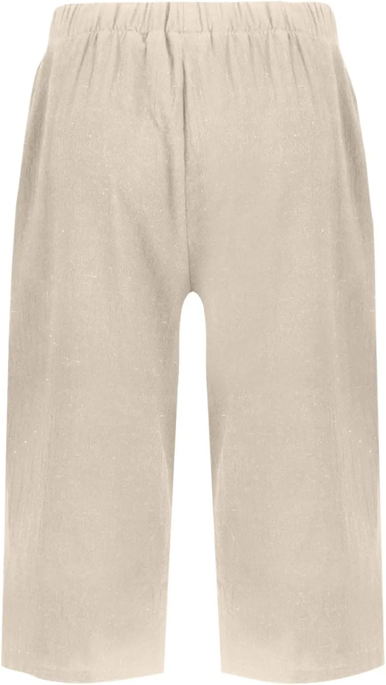Bermuda Drawstring Beach Shorts Wide Leg Linen Shorts Elastic High Waisted Pleated Casual Loose Bermuda Shorts, Large