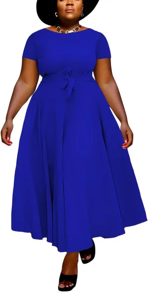 BFFBABY Plus Size Dress A Line Dresses for Women Summer Long Dresses with Sleeve Casual Belted
