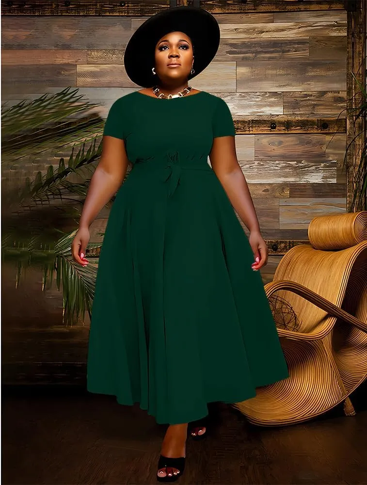 BFFBABY Plus Size Dress A Line Dresses for Women Summer Long Dresses with Sleeve Casual Belted
